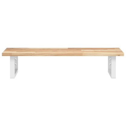 Acacia wood shelf with white metal supports, showing the underside