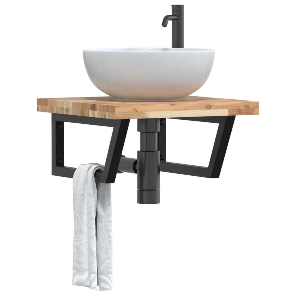 vidaXL Basin Shelf Wall Mounted Steel and Solid Wood Acacia with a white basin and black tap
