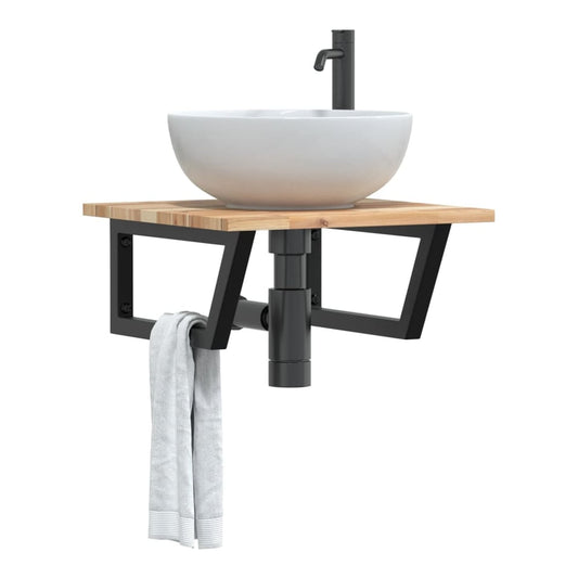 Basin Shelf Wall Mounted Steel and Solid Wood Acacia Trapezium Width 50 cm Brown and black 2 cm