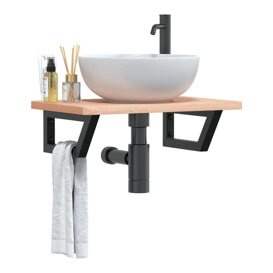 Basin Shelf Wall Mounted Steel and Solid Wood Beech Trapezium Height 2.5 cm Brown and black