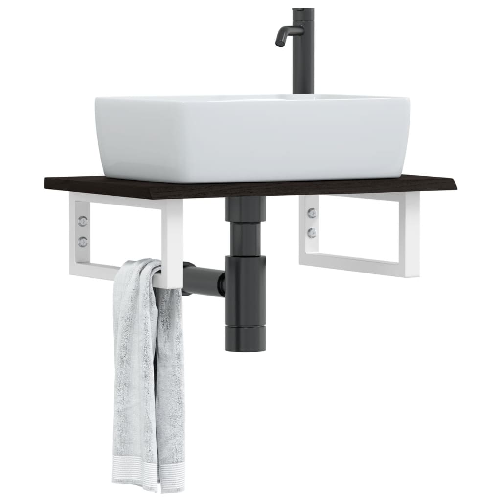 vidaXL Basin Shelf Wall Mounted Steel and Solid Wood Oak with a white basin and grey towel