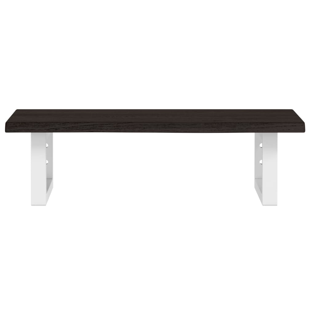 Close up of the dark wood top and white metal frame of the basin shelf