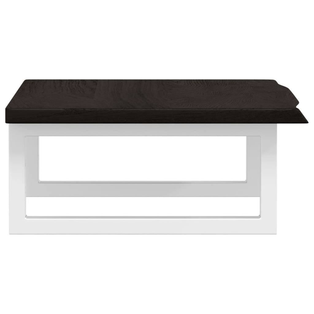 The basin shelf unit from the side showing the dark wood top and white frame