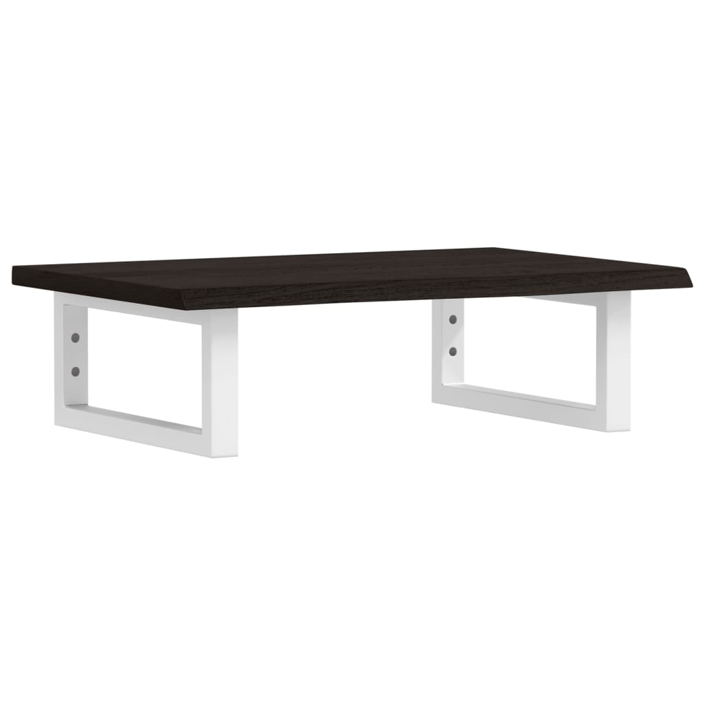 The wall mounted shelf unit with a dark wood top and white metal frame