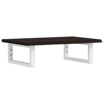 The wall mounted shelf unit with a dark wood top and white metal frame