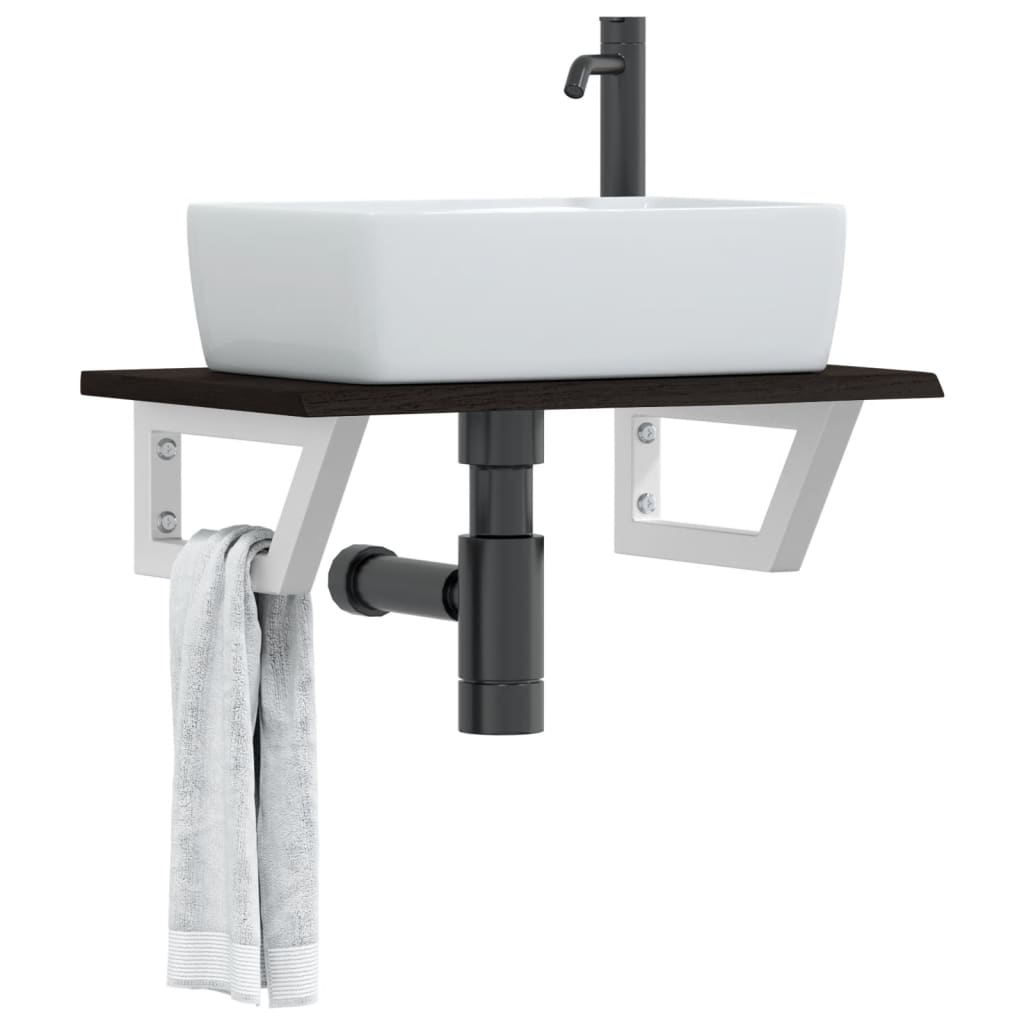 vidaXL Basin Shelf Wall Mounted Steel and Solid Wood Oak with a white basin and black tap