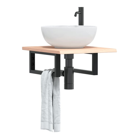 Basin Shelf Wall Mounted Steel and Solid Wood Oak Rectangular Depth 50 cm Width 40 cm Brown and black