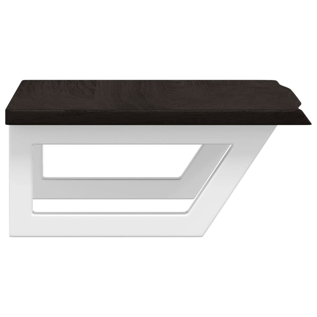 Close up of the dark wood shelf and white metal bracket