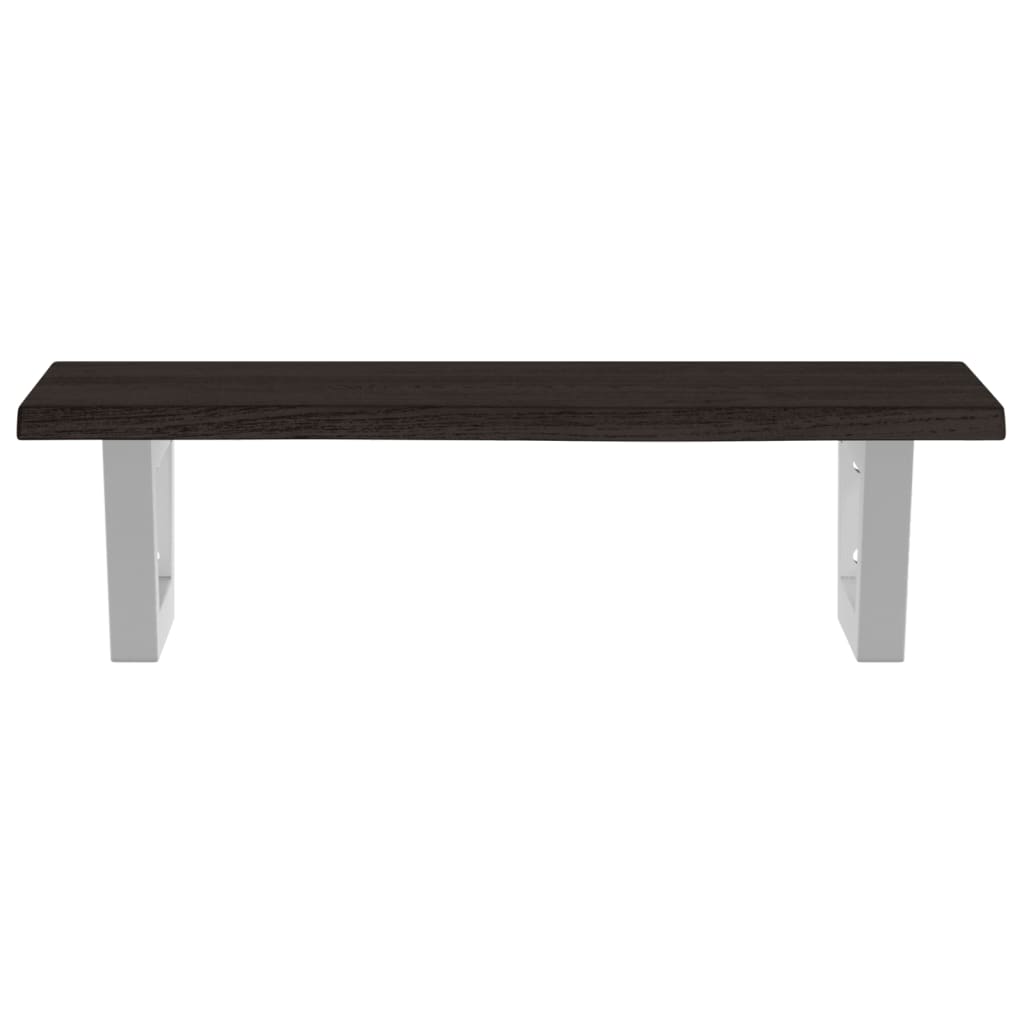 Dark wood shelf with white metal brackets, seen from the front
