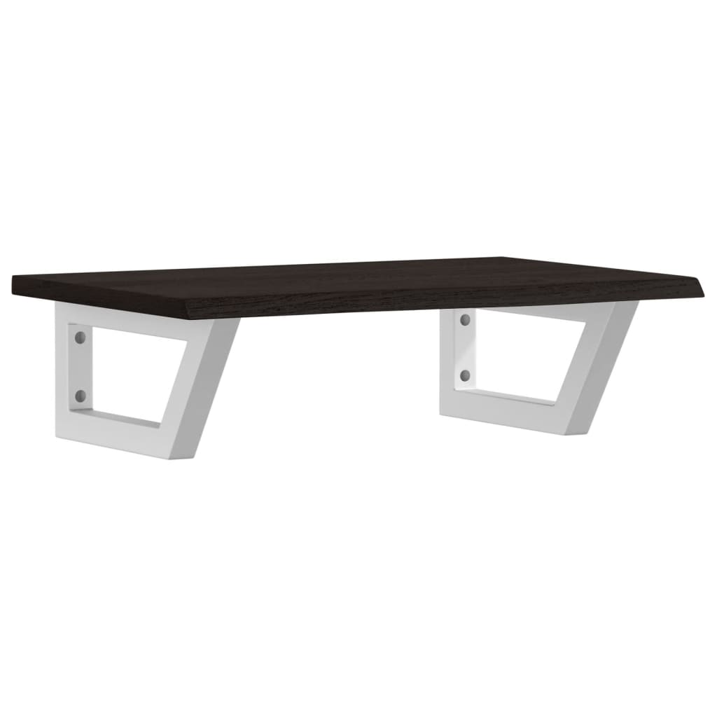 Wall mounted basin shelf with a dark wood top and white metal brackets