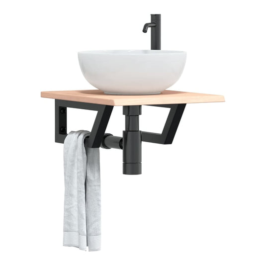 Basin Shelf Wall Mounted Steel and Solid Wood Oak Trapezium Depth 50 cm Width 40 cm Brown and black