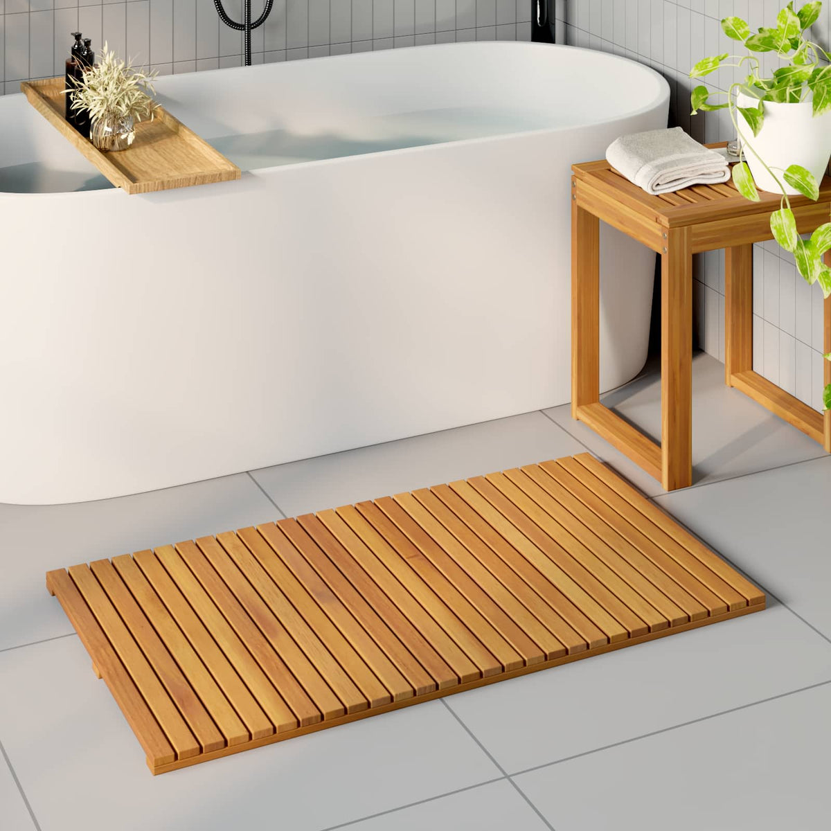 vidaXL Bath Mat Natural Solid Acacia Wood laid out in a bathroom next to a bathtub
