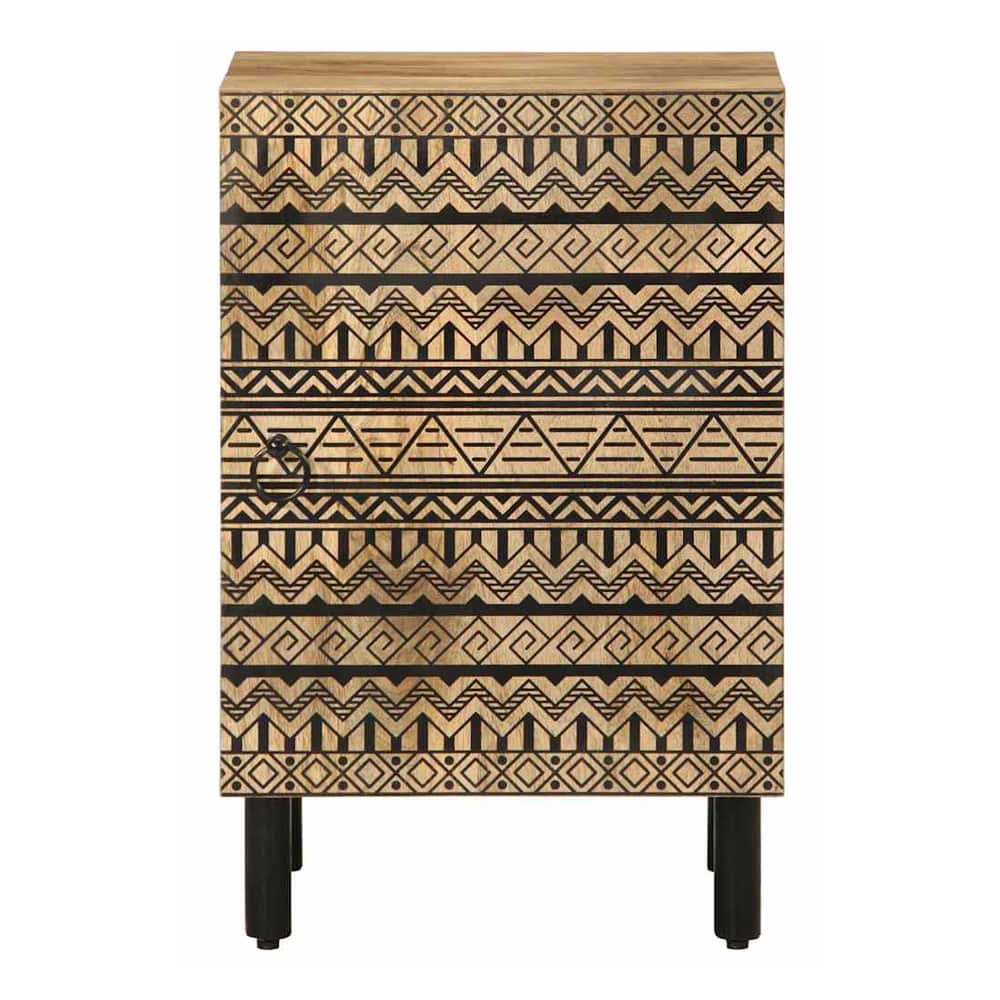 Front view of the solid wood mango bathroom cabinet with decorative pattern