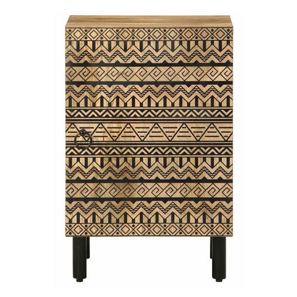 Front view of the solid wood mango bathroom cabinet with decorative pattern