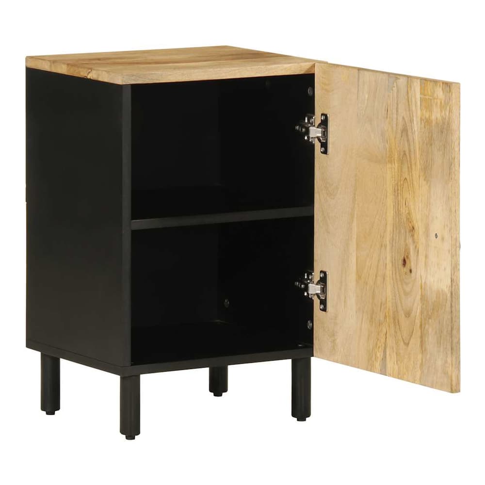 The open bathroom cabinet shows its empty interior with one shelf