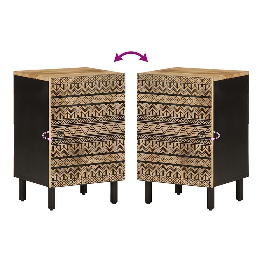 Two views of the bathroom cabinet showing the patterned door and black sides