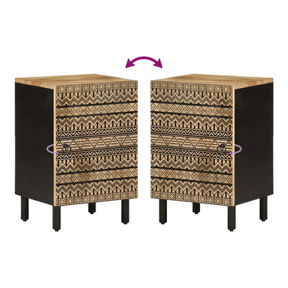 Two views of the bathroom cabinet showing the patterned door and black sides