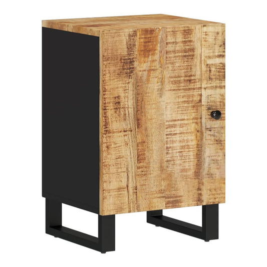 Close-up of the side of the bathroom cabinet showing the wood grain and black metal legs