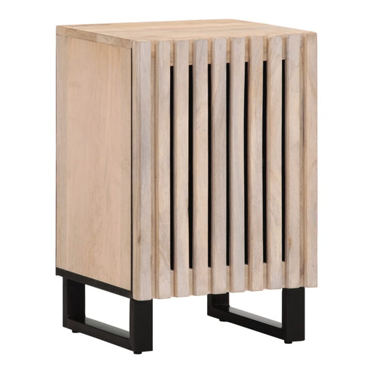 vidaXL Bathroom Cabinet Solid Wood Mango, a light wood cabinet with slatted door and black metal legs