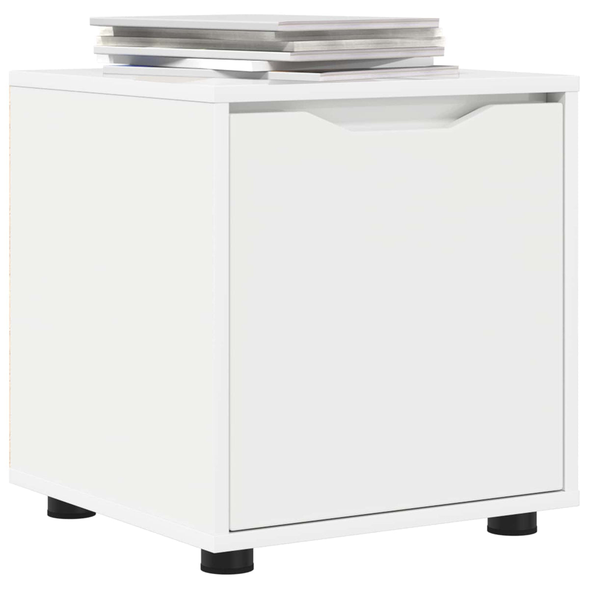 Close up of the white storage cabinet with a drawer and black feet