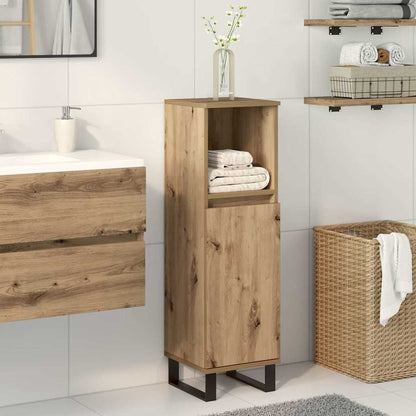 Tall bathroom cabinet in artisan oak finish shown in a modern bathroom setting