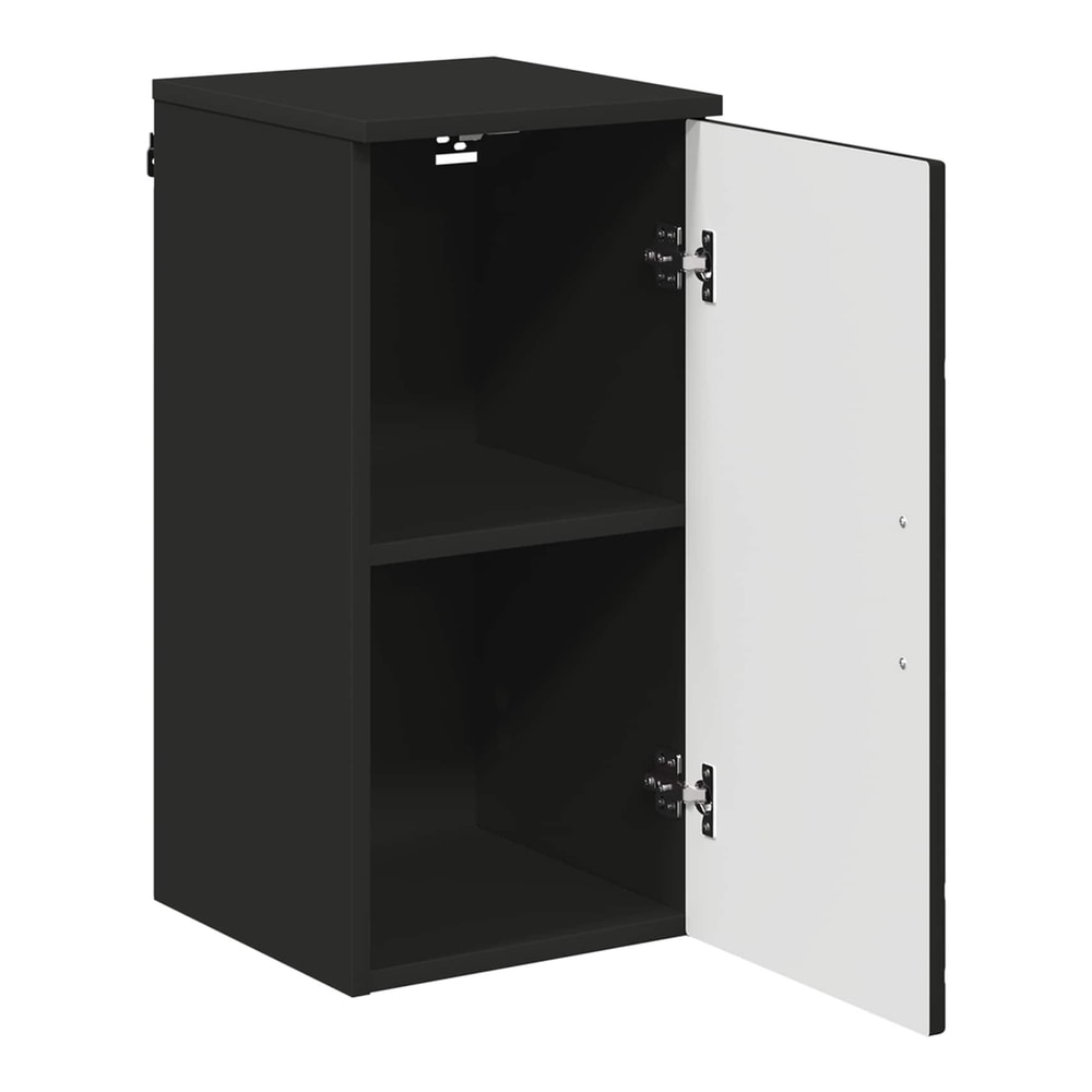 The black bathroom vanity unit with its door open