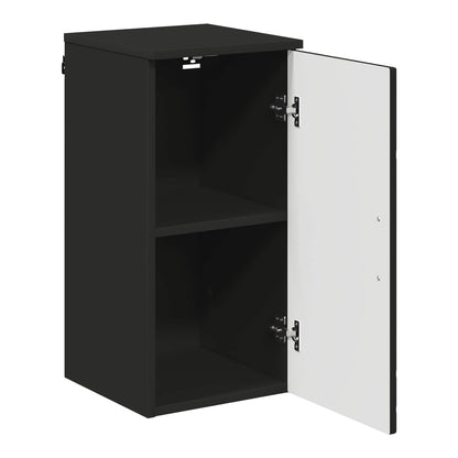 The black bathroom vanity unit with its door open