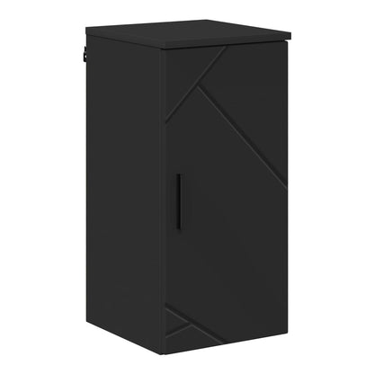 A black bathroom cabinet with a geometric pattern on the door