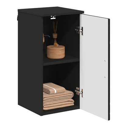 The open bathroom cabinet showing two shelves and stored towels