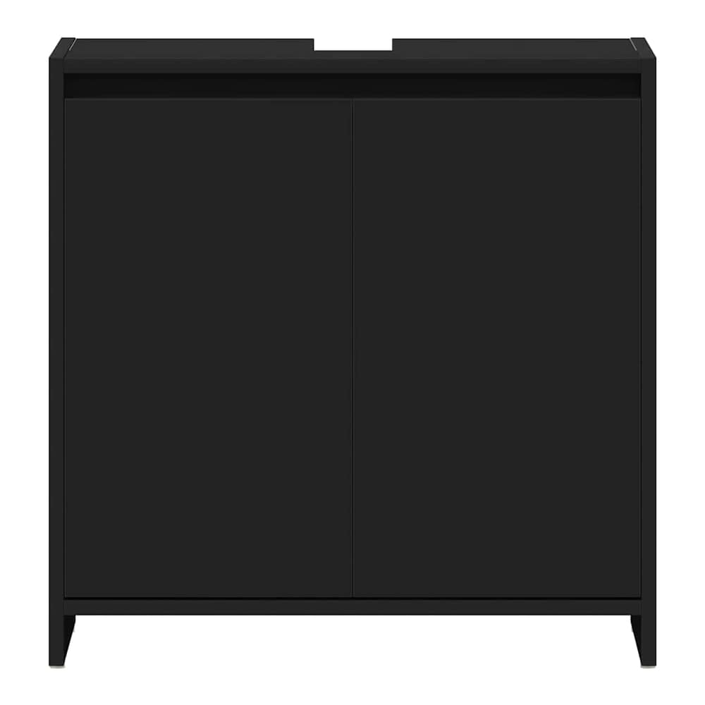 Close-up of the black engineered wood bathroom cabinet from the front