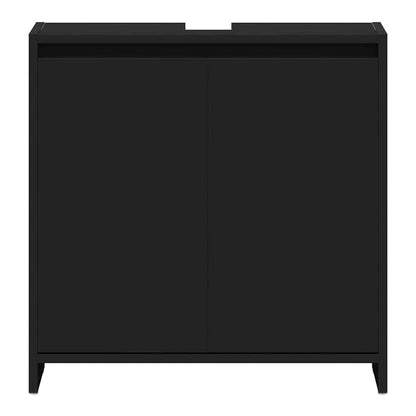 Close-up of the black engineered wood bathroom cabinet from the front