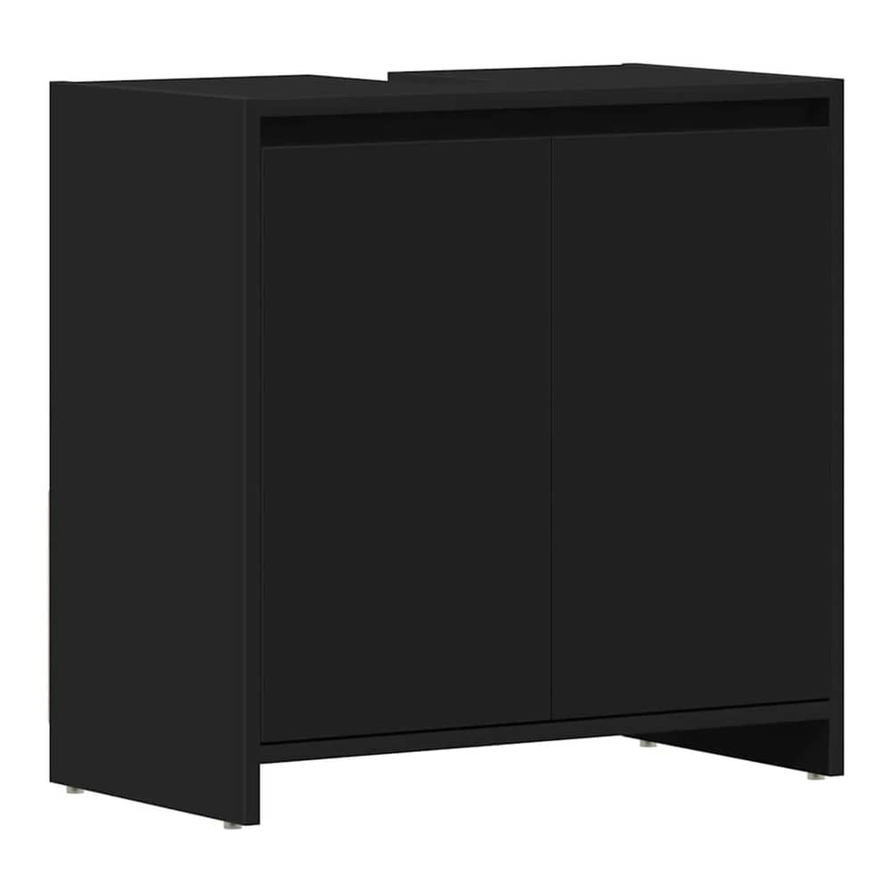 Black bathroom cabinet with two closed doors and a plinth base