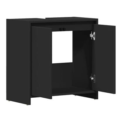 Black bathroom cabinet with its doors open revealing the interior space