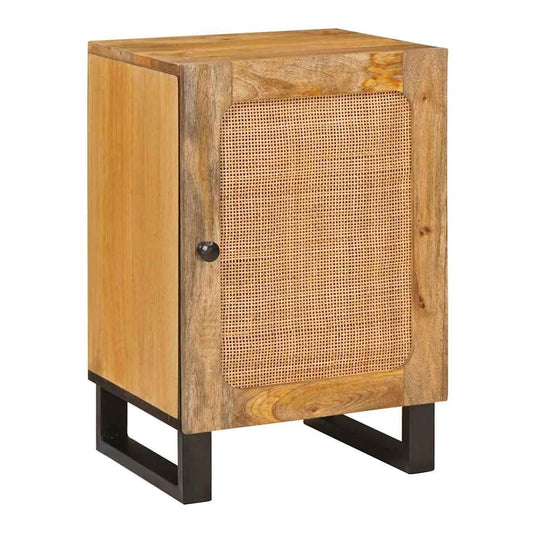 vidaXL Bathroom Cabinet Brown Solid Mango Wood, a single cabinet with a cane door and black metal legs