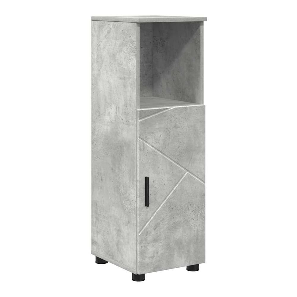 Tall bathroom cabinet with a geometric pattern on the door and an open top shelf