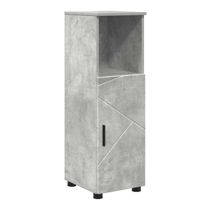 Tall bathroom cabinet with a geometric pattern on the door and an open top shelf