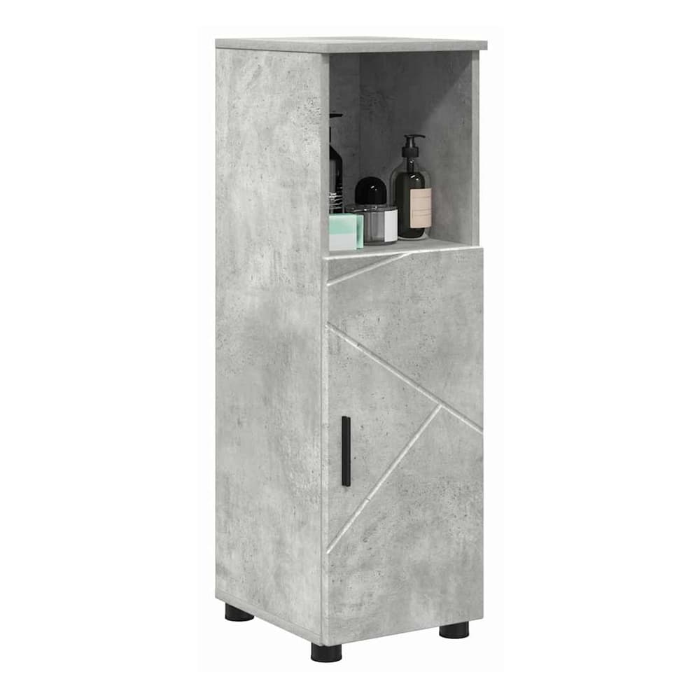 Freestanding bathroom cabinet with a concrete grey finish and a single door