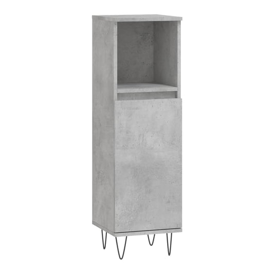 The tall bathroom cabinet with a concrete grey finish and hairpin legs