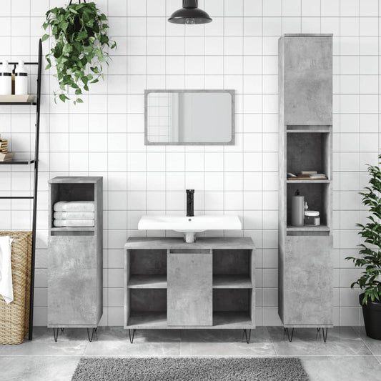vidaXL Bathroom Cabinet Concrete Grey Engineered Wood shown in a bathroom setting with other units