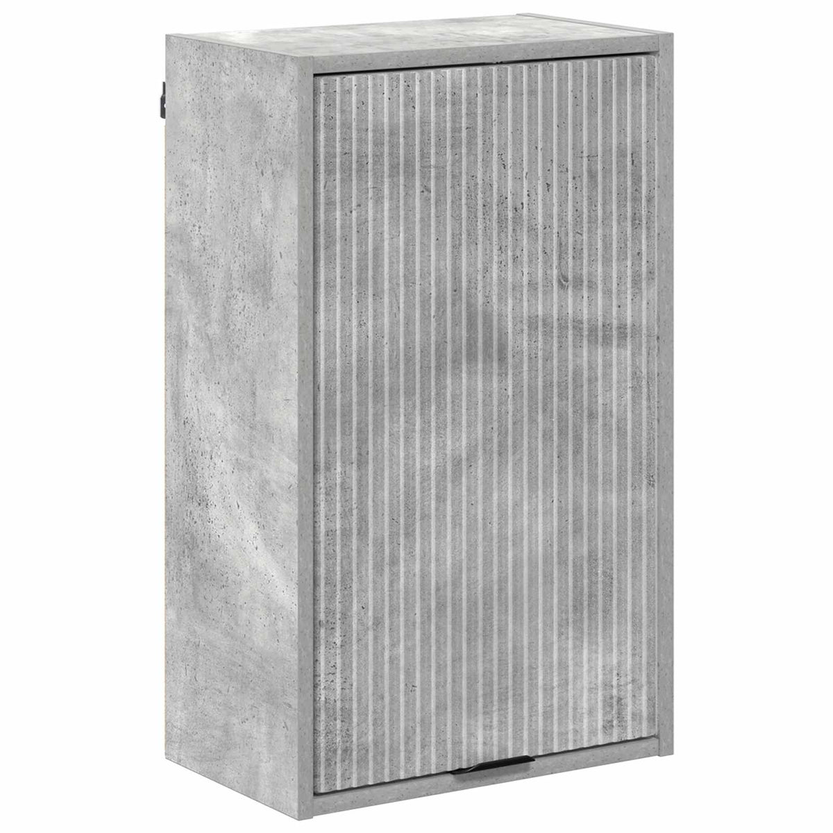 The bathroom vanity unit with a textured grey door closed against a white background