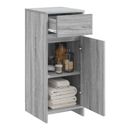 The bathroom vanity unit with its drawer and door open showing storage inside