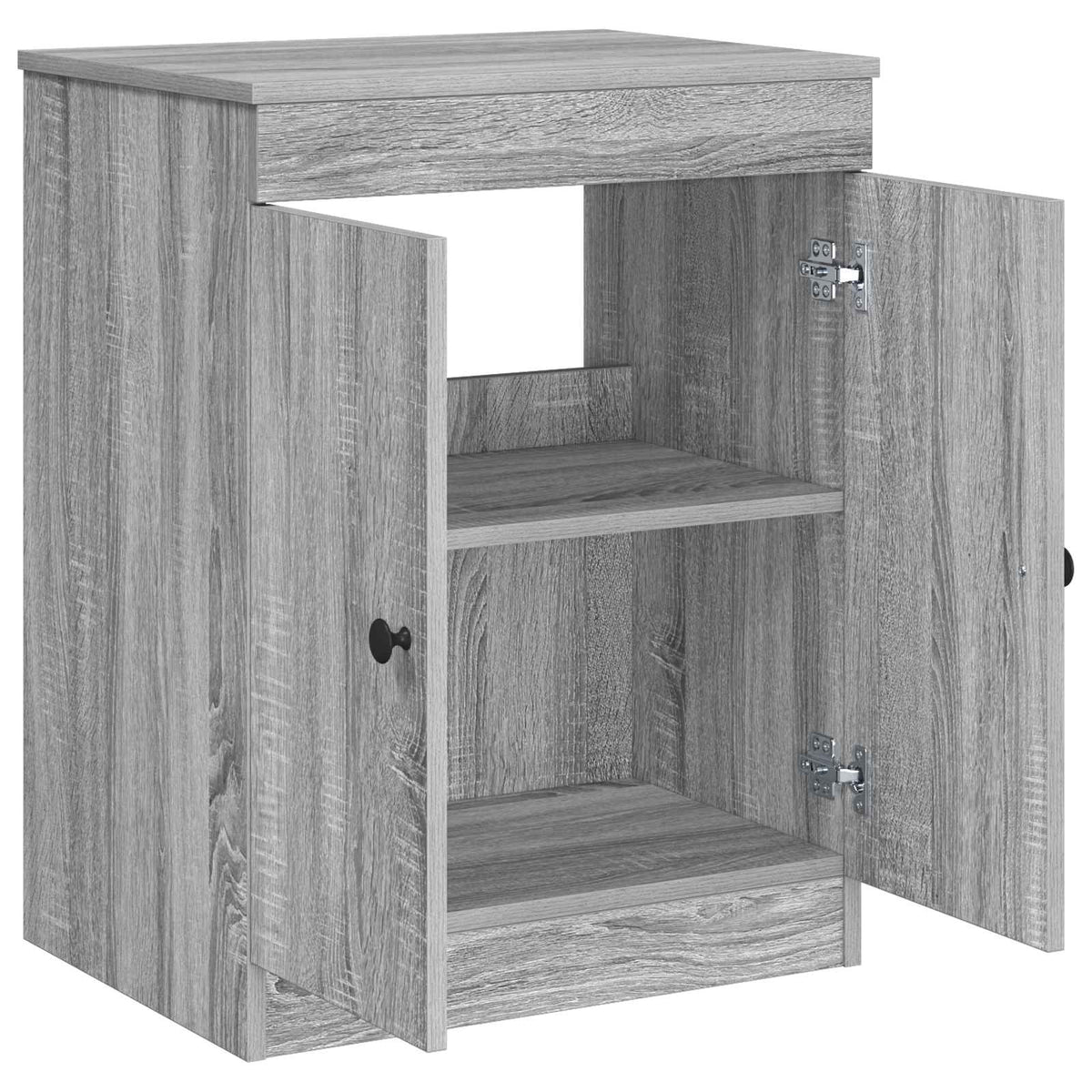 The grey Sonoma engineered wood cabinet with its doors open revealing shelves