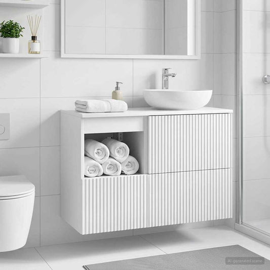 vidaXL Bathroom Cabinet High Gloss White mounted on a tiled wall with a basin and rolled towels