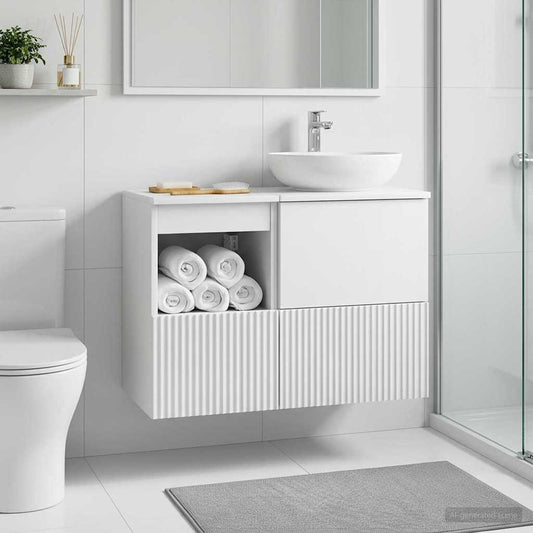 vidaXL Bathroom Cabinet High Gloss White mounted on a tiled wall in a modern bathroom setting