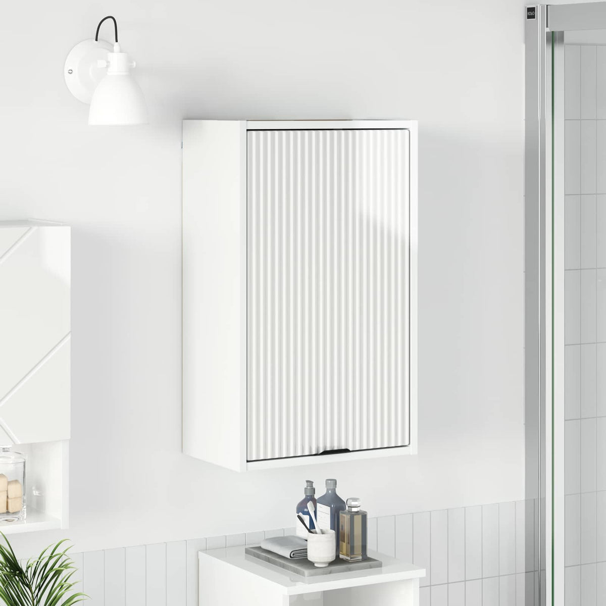 vidaXL Bathroom Cabinet High Gloss White mounted on a wall above a vanity unit