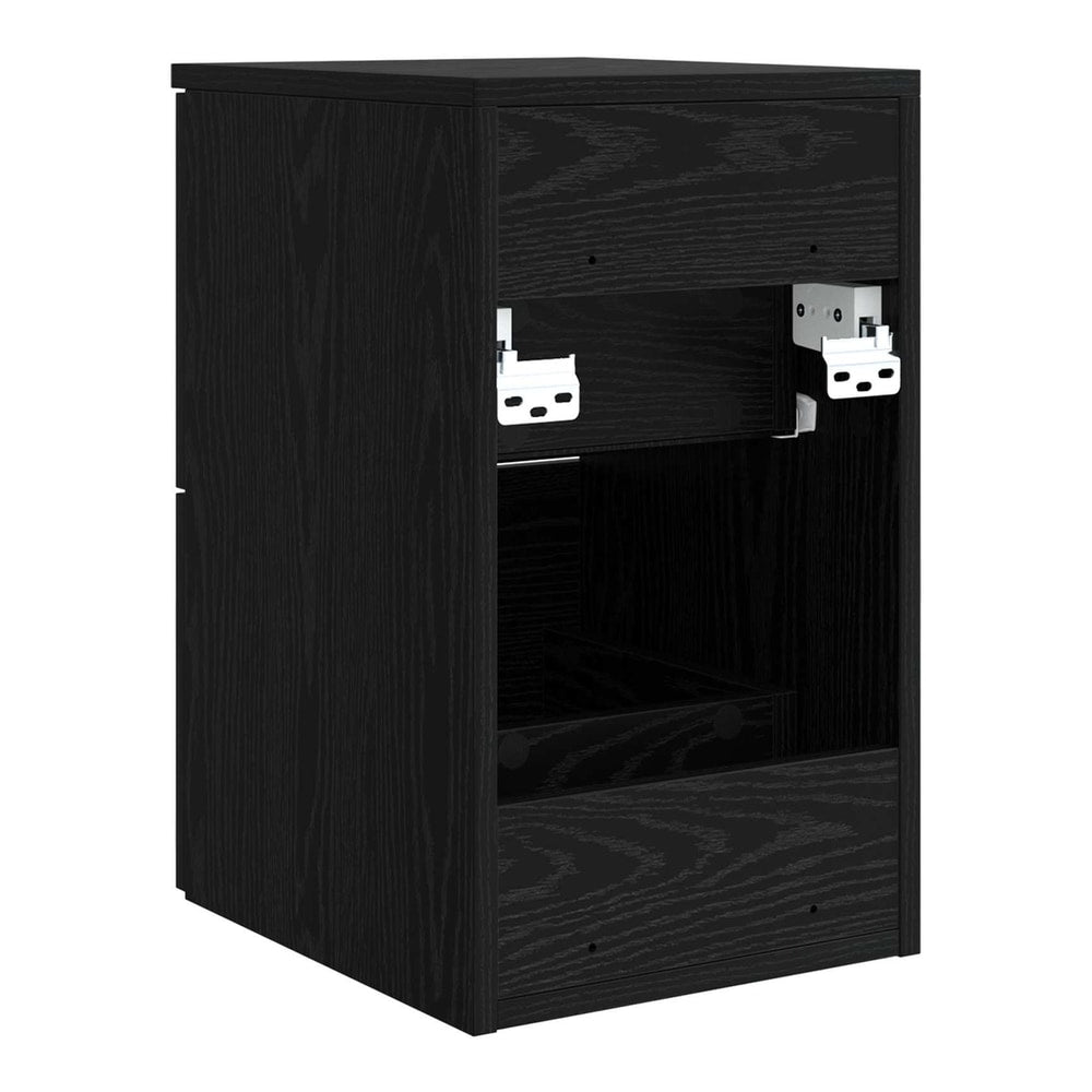 Inside of the black oak effect bathroom cabinet showing storage space