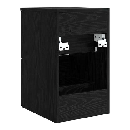 Inside of the black oak effect bathroom cabinet showing storage space