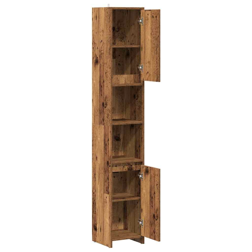 tall bathroom cabinet with doors open showing internal shelves