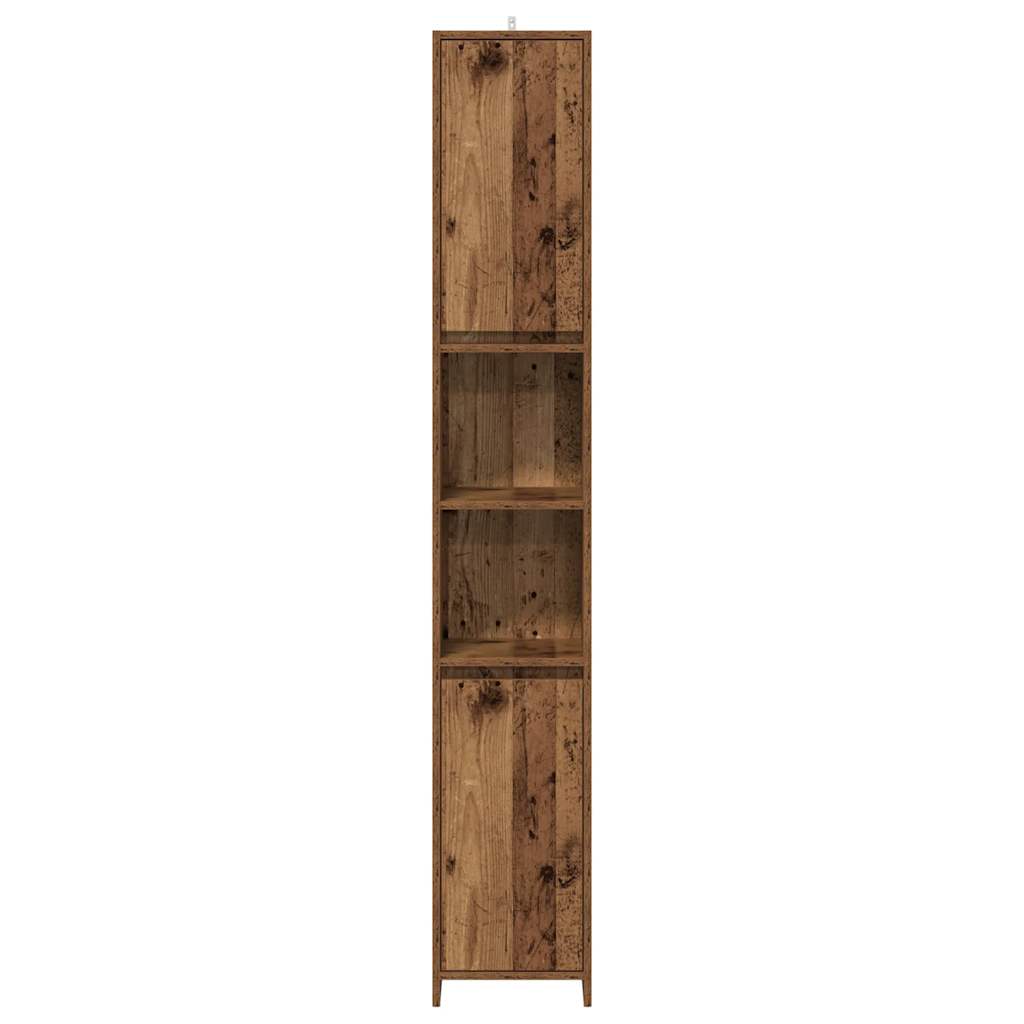 tall bathroom cabinet with a rustic wood effect finish shown from the front