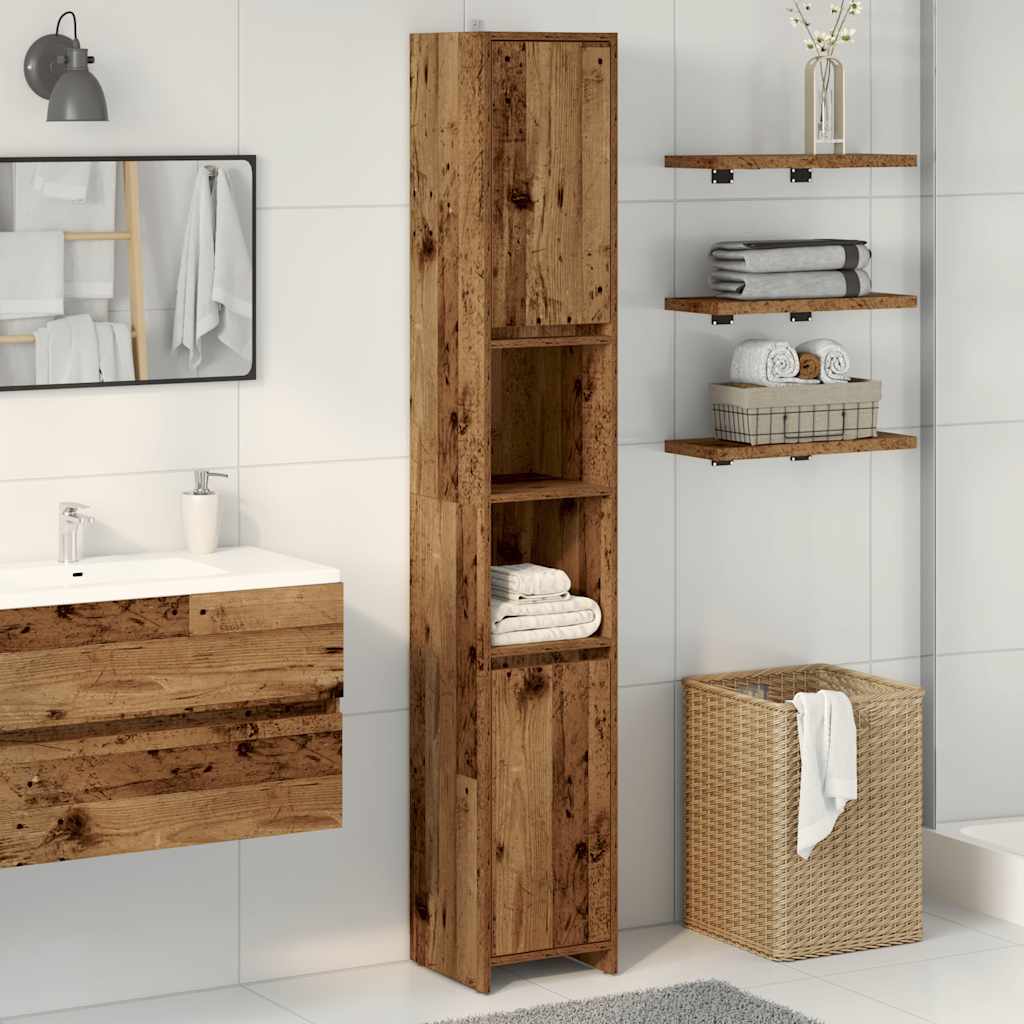 tall bathroom cabinet with a rustic wood effect finish in a modern bathroom setting